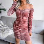 Hollow Out Square Neck Mini Dress Elegant Velour Sweater