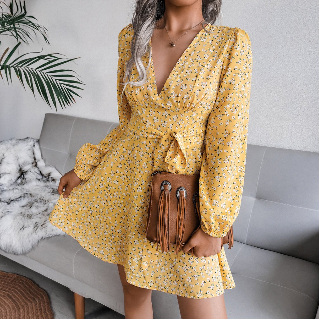 Puff Sleeve Chiffon Dress High Waist Floral Printed Dress