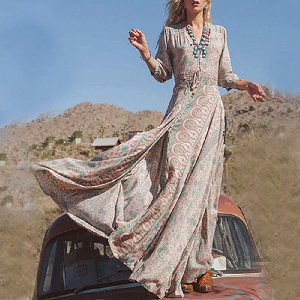 Allover Print Tie Front V Neck Shirred Waist Split Thigh Dress