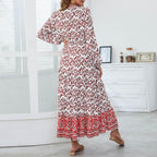 Half Button Allover Floral Print V Neck Bishop Sleeve Maxi Dress