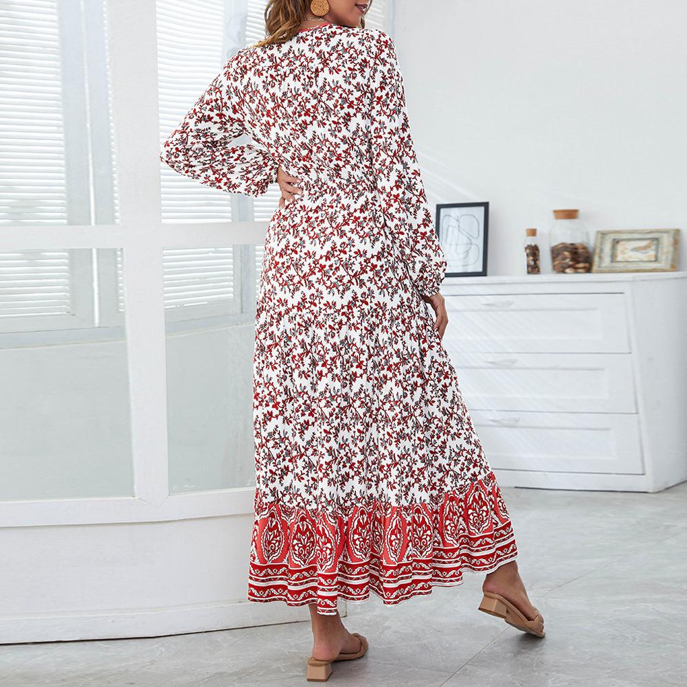 Half Button Allover Floral Print V Neck Bishop Sleeve Maxi Dress