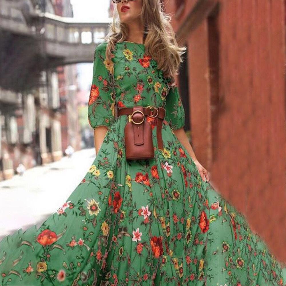A-Line Floral Print Lantern Sleeve High Waist Long Dress Without Belt