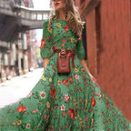 A-Line Floral Print Lantern Sleeve High Waist Long Dress Without Belt