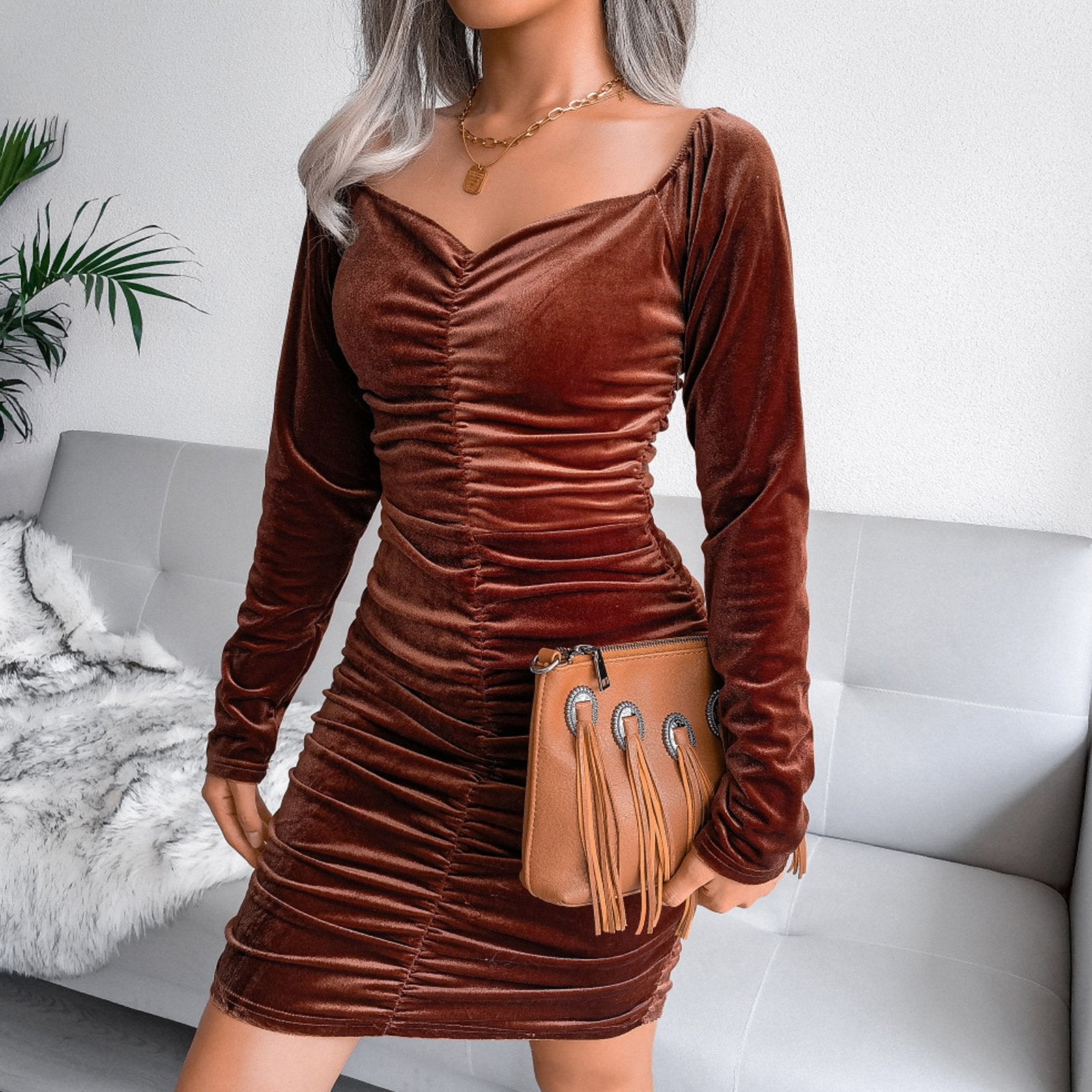 Hollow Out Square Neck Mini Dress Elegant Velour Sweater