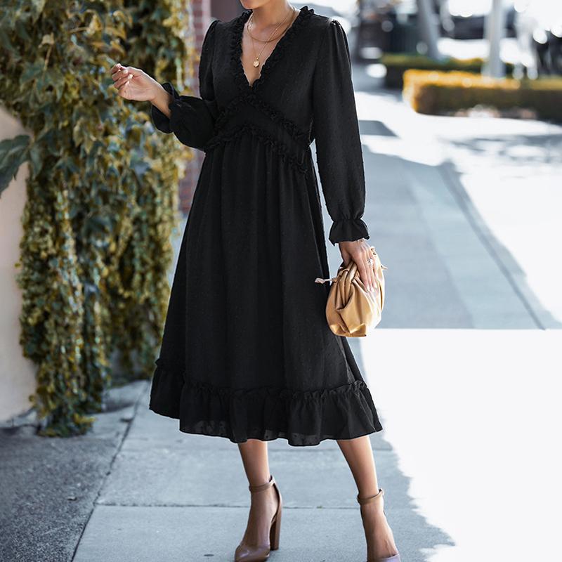 Solid Swiss Dot Mesh Flounce Sleeve Lettuce Trim V Neck Chiffon Dress