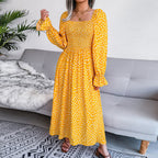 Adult Square Neck Maxi Dress Puff Sleeve Pleated Dress