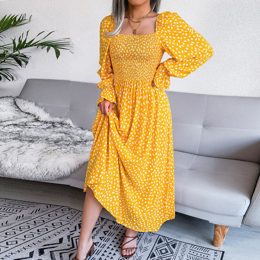 Dalmatian Print Flounce Sleeve Square Neck Shirred A Line Dress