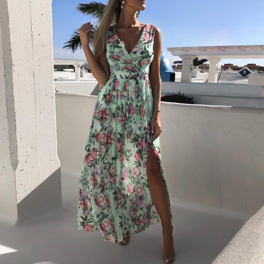 Floral Print Surplice Neck Sleeveless Split Thigh Maxi Dress