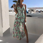 Floral Print Surplice Neck Sleeveless Split Thigh Maxi Dress