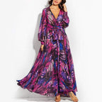 Tropical Leaves & Floral Print Lantern Sleeve V Neck Belted Maxi Dress