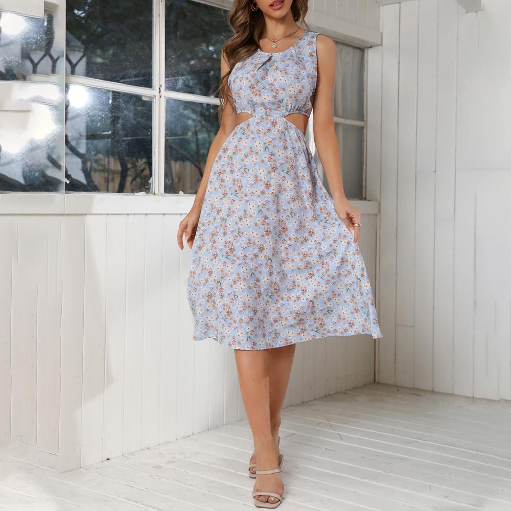 Ditsy Floral Print Round Neck Sleeveless Cut Out Waist Dress