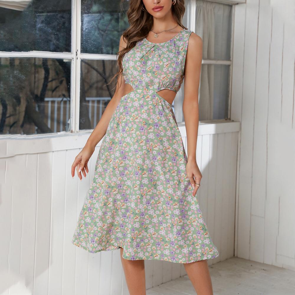 Ditsy Floral Print Round Neck Sleeveless Cut Out Waist Dress