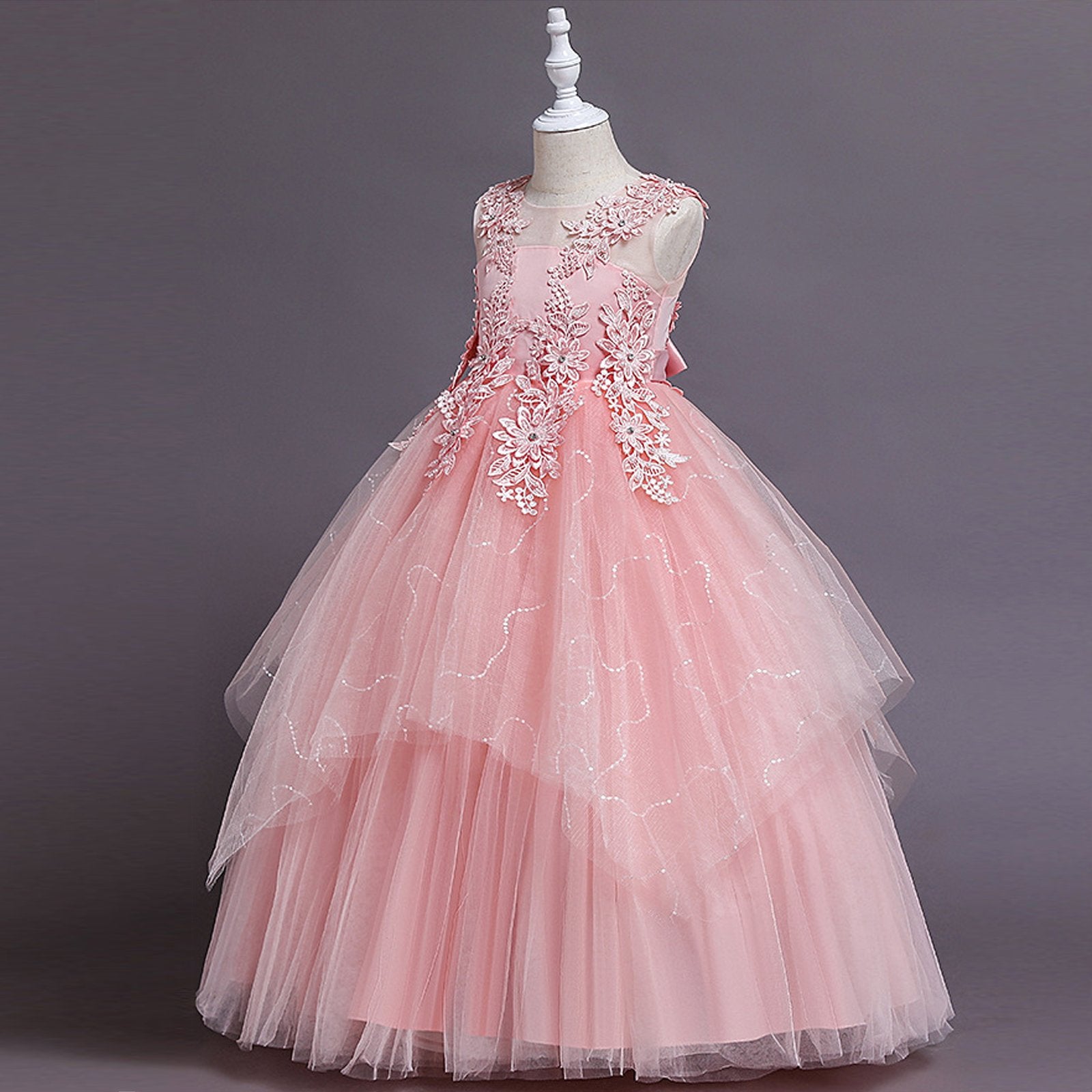 Sleeveless Flower Grils Dress Embroidered Gown Princess Wedding Maxi Tutu Dresses