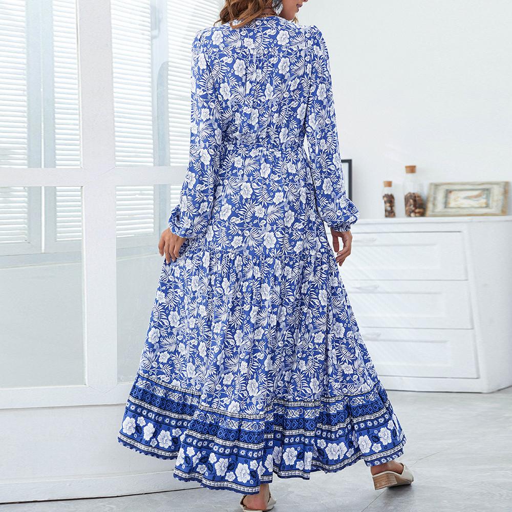 Half Button Allover Floral Print V Neck Bishop Sleeve Maxi Dress
