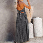 All Over Print Bodice Deep V Neck Backless Tie Back Cami Dress