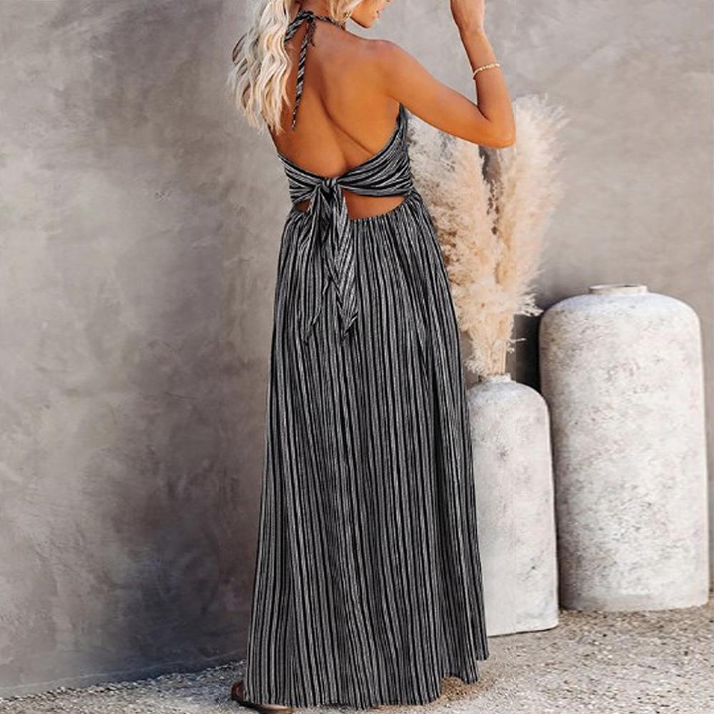 All Over Print Bodice Deep V Neck Backless Tie Back Cami Dress
