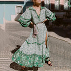 Green Ditsy Floral Print V Neck Lantern Sleeve Split Ruffle Hem Dress