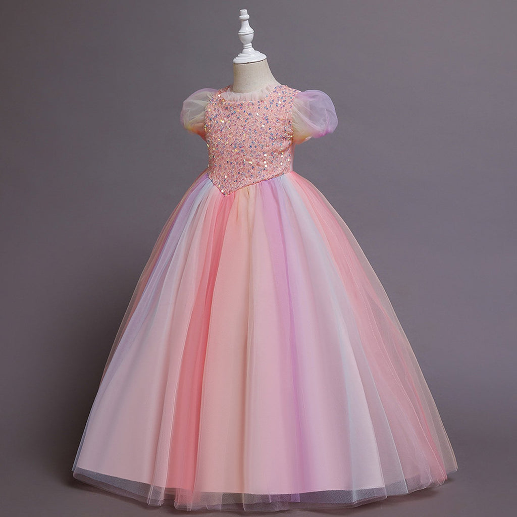 Elegent Girls Pageant Dresses Puff Sleeve Sequins Formal Tulle Maxi Dress