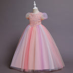Elegent Girls Pageant Dresses Puff Sleeve Sequins Formal Tulle Maxi Dress