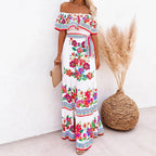 Allover Floral Print Off Shoulder Ruffle Hem Belted Maxi Dress