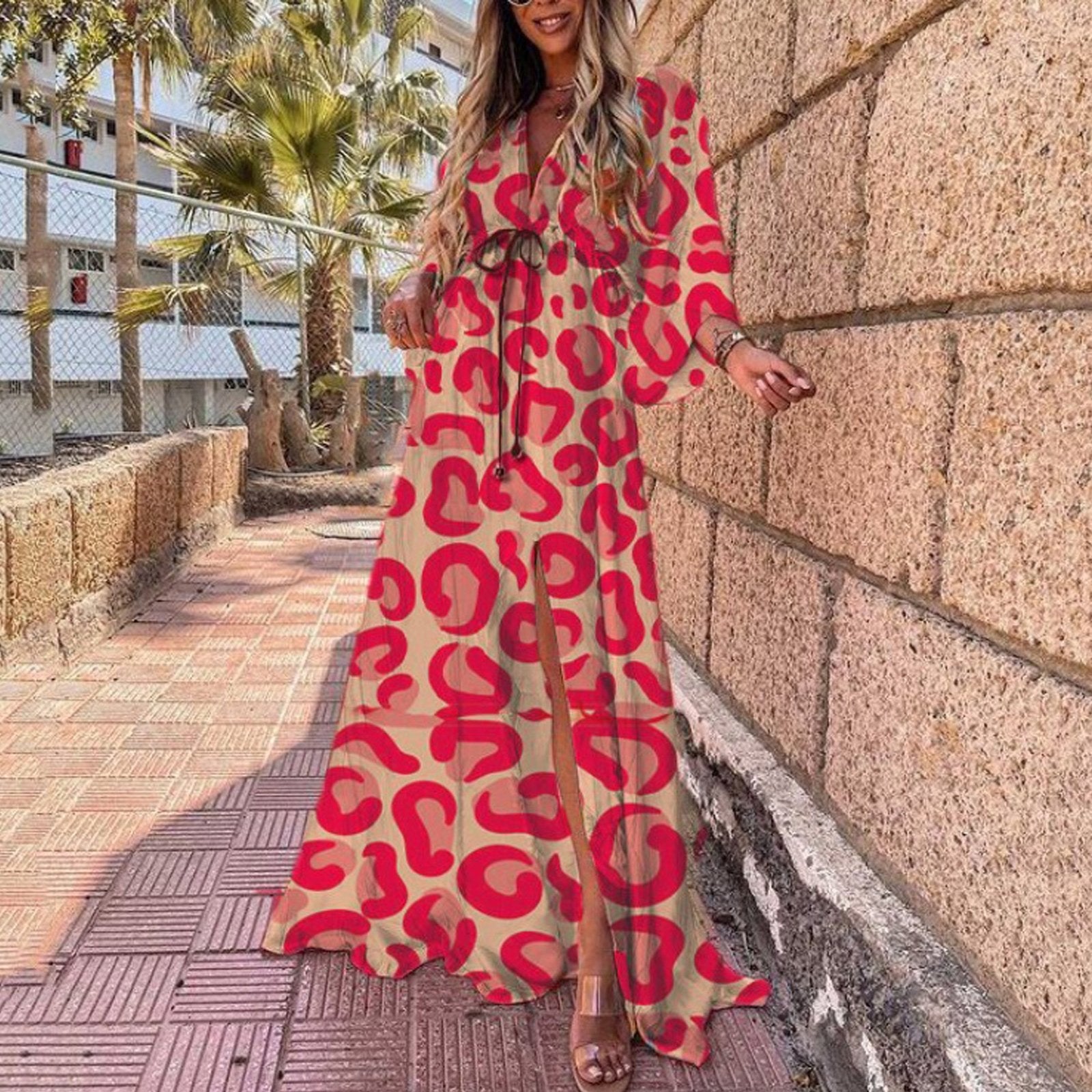 Drawstring Allover Heart & Leopard & Marble &  Floral & Graphic Print Plunging Neck Lantern Sleeve Maxi Dress
