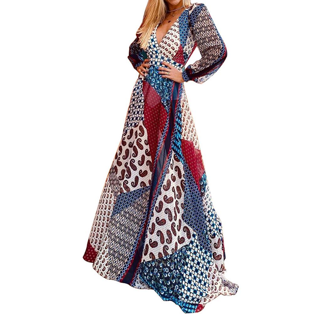 Geo Print Surplice Front V Neck Bishop Sleeve Backless Long Dress