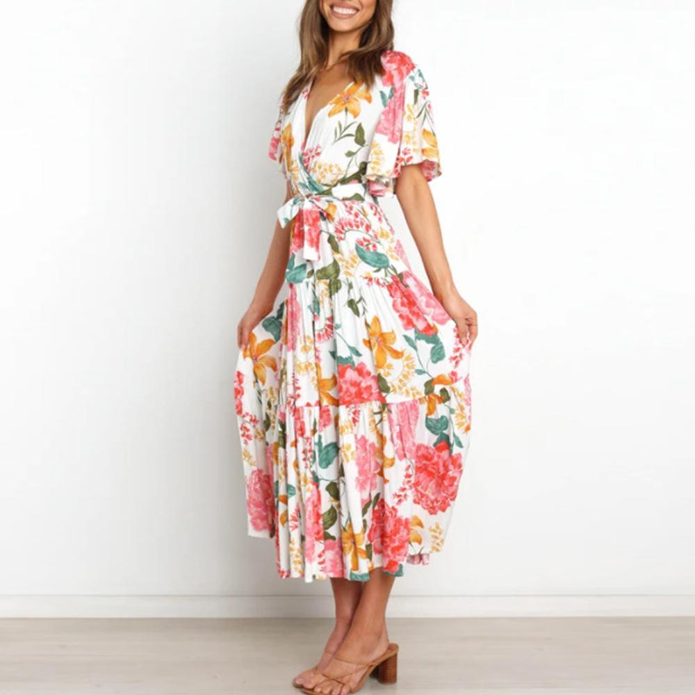 White Floral Print Butterfly Sleeve Ruffle Hem Belted Dress