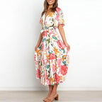 White Floral Print Butterfly Sleeve Ruffle Hem Belted Dress