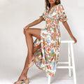 Green Floral Print Shirred Waist V Neck Flounce Sleeve A-line Dress