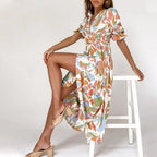 Green Floral Print Shirred Waist V Neck Flounce Sleeve A-line Dress