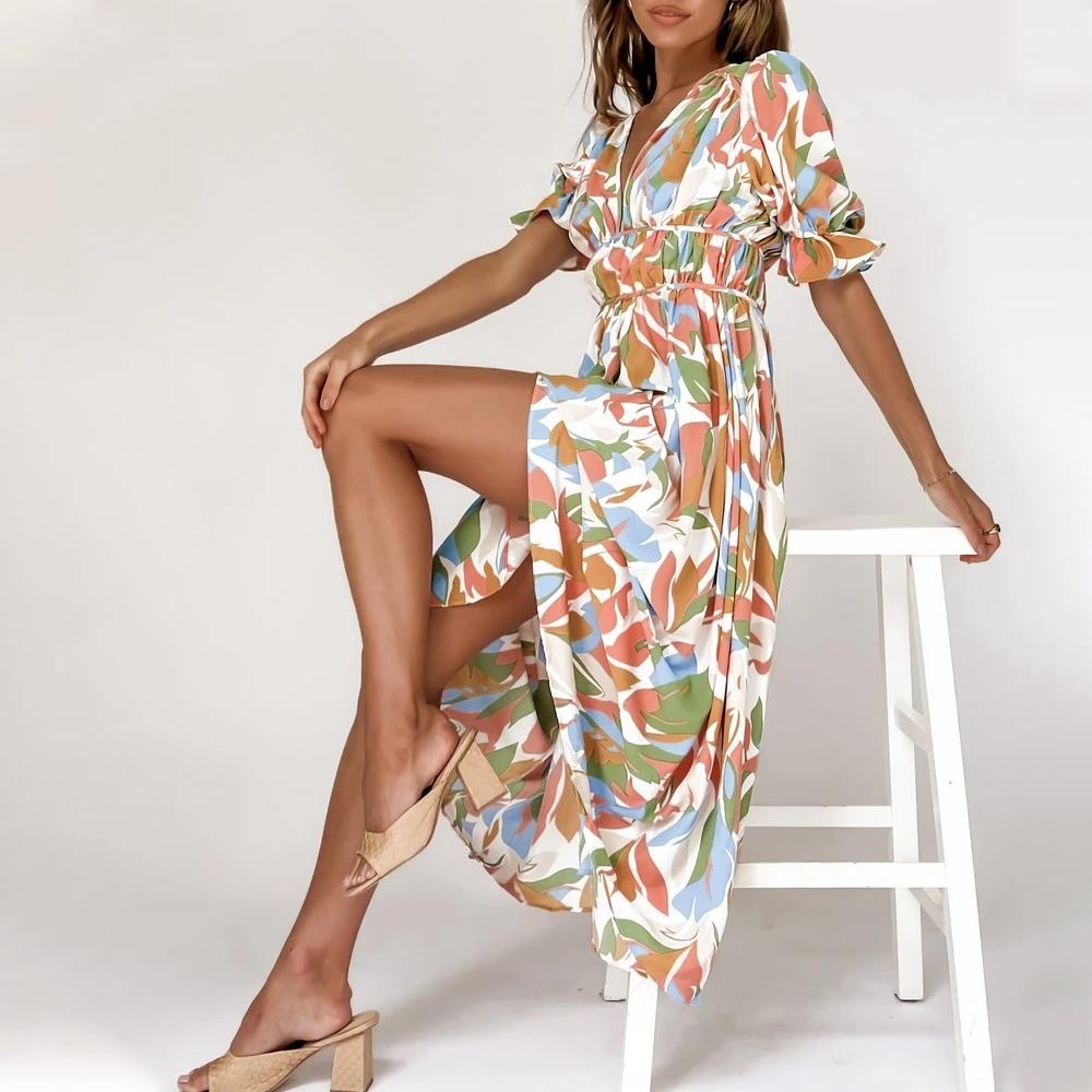 Green Floral Print Shirred Waist V Neck Flounce Sleeve A-line Dress