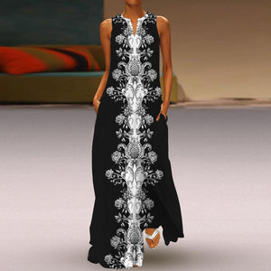 Black Floral & Tiger Striped Print Sleeveless V Neck Maxi Dress