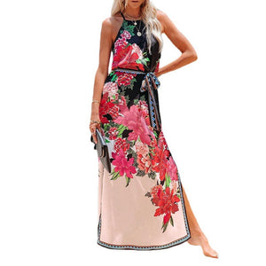 Floral Print Split Thigh Halter Neck Belted Cami Dress