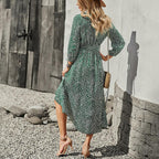 V Neck Polka Dot Print Long Sleeve High Low Hem Belted Dress