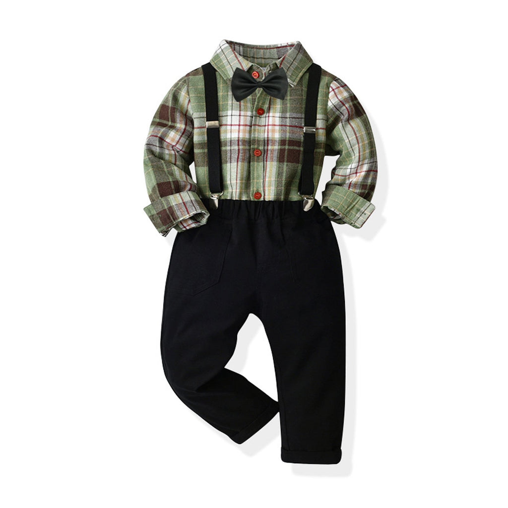 Baby Boys Clothes Set 4 pcs Plaid Shirts Bowtie Suspender Pant Sets Suit