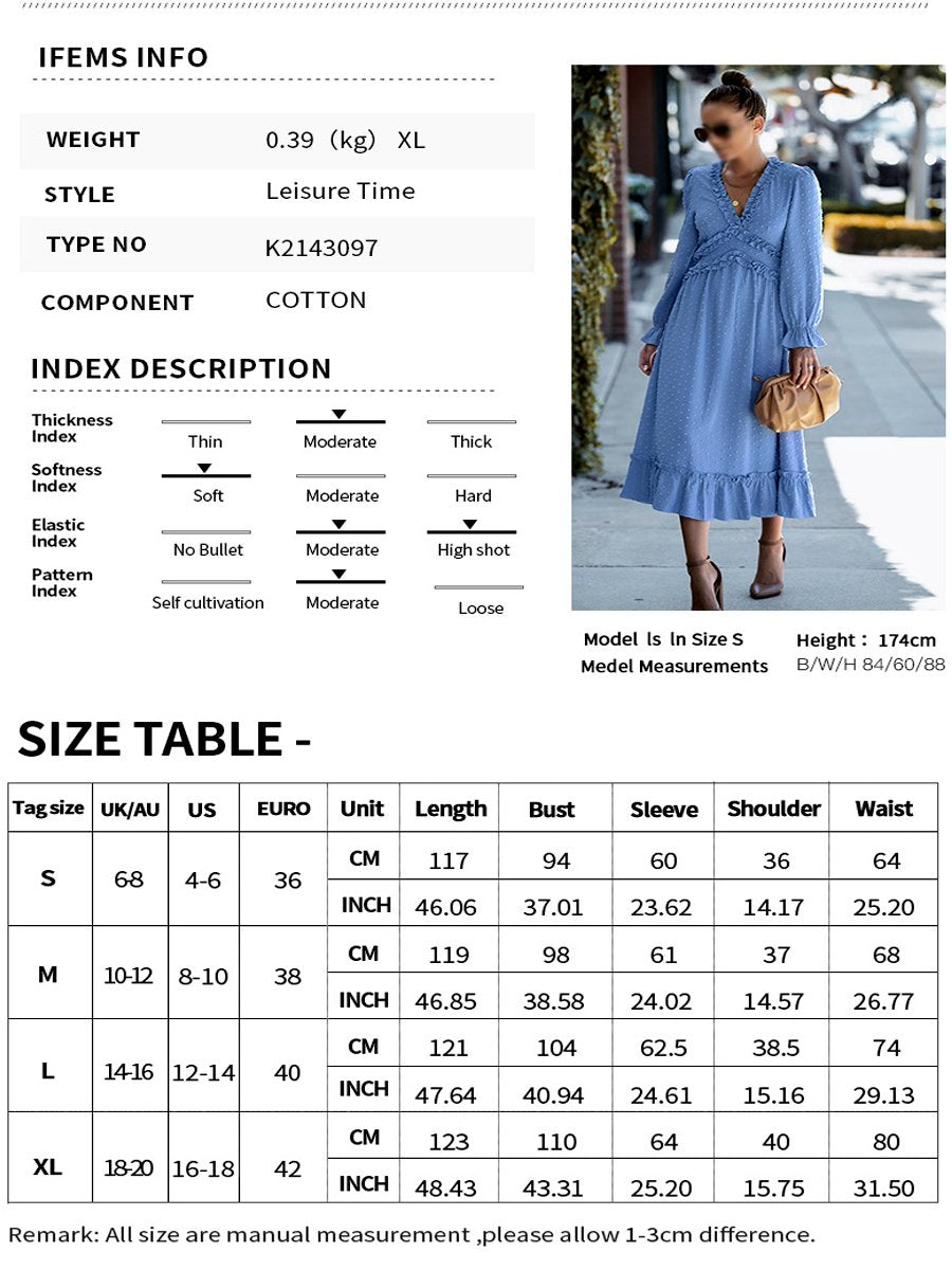 Solid Swiss Dot Mesh Flounce Sleeve Lettuce Trim V Neck Chiffon Dress