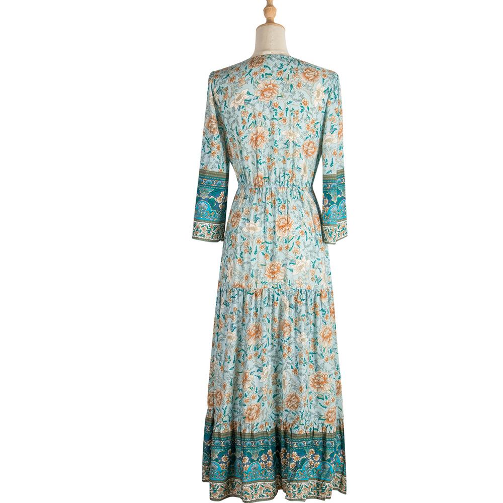Green Paisley & Floral Print Button Front Knot Waist V Neck Dress