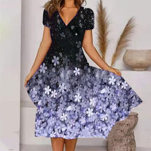 HOT SALE Black Ombre Floral Print V Neck Short Sleeve Dress