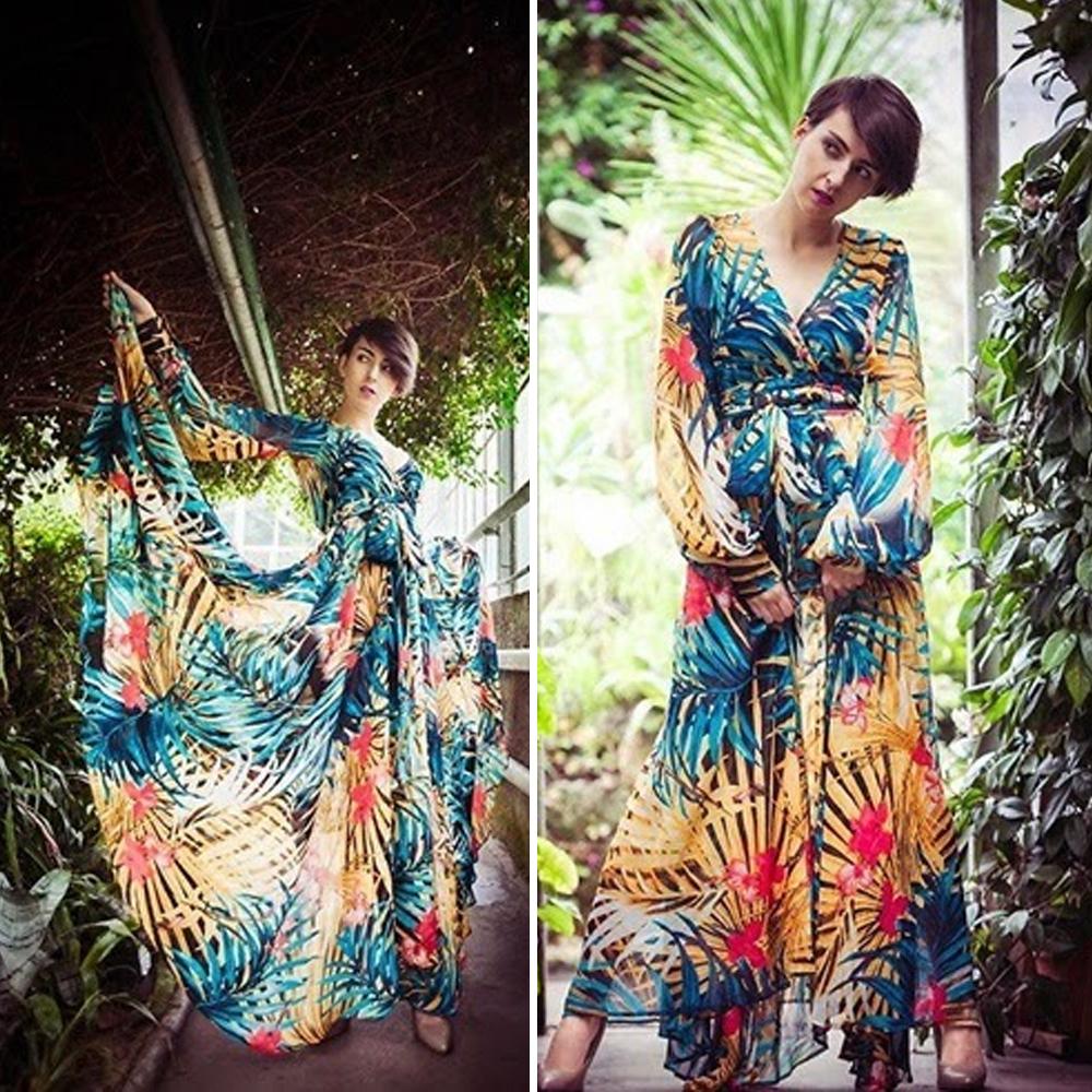 Tropical Leaves & Floral Print Lantern Sleeve V Neck Belted Maxi Dress