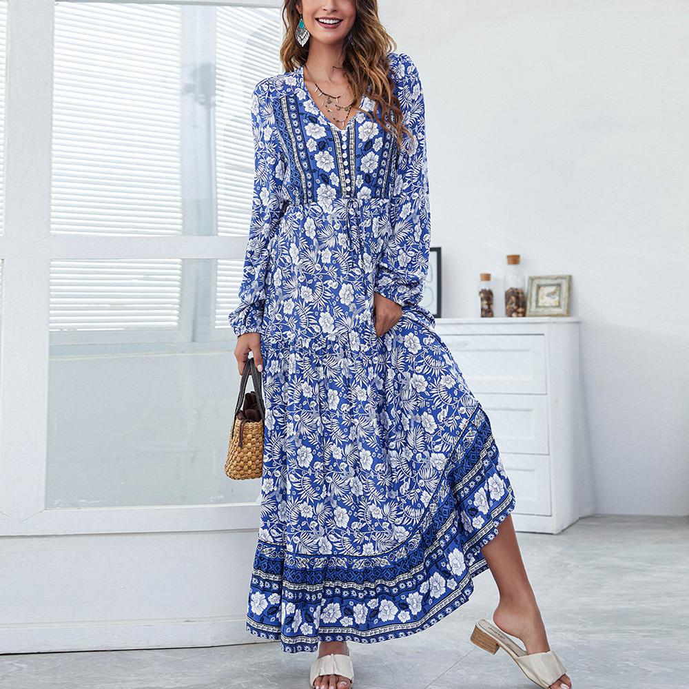 Half Button Allover Floral Print V Neck Bishop Sleeve Maxi Dress