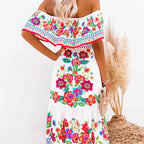 Allover Floral Print Off Shoulder Ruffle Hem Belted Maxi Dress