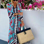 Blue Floral & Geo Print Half Sleeve V Neck A-Line Maxi Dress