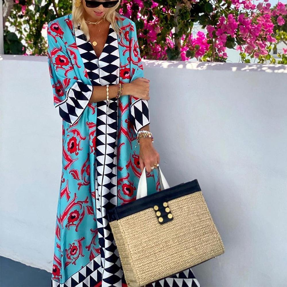 Blue Floral & Geo Print Half Sleeve V Neck A-Line Maxi Dress