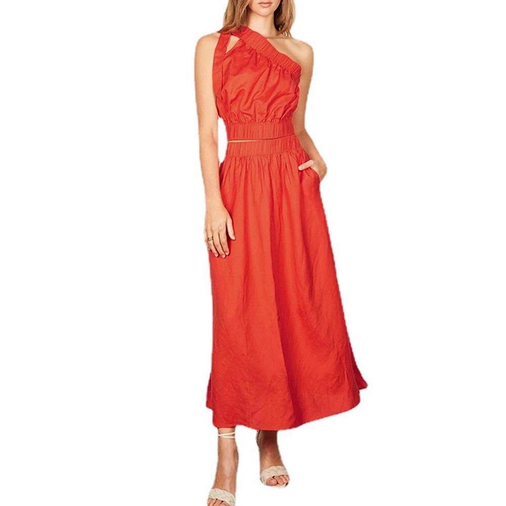 Khaki & Orange One Shoulder Tie Side Crop Top & Skirt