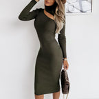 Three Colors High Neck Cut Out Shoulder Long Sleeve Midi Dress
