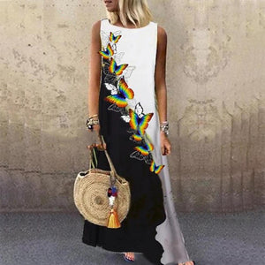 Floral & Butterfly Print Round Neck Sleeveless Maxi Dress