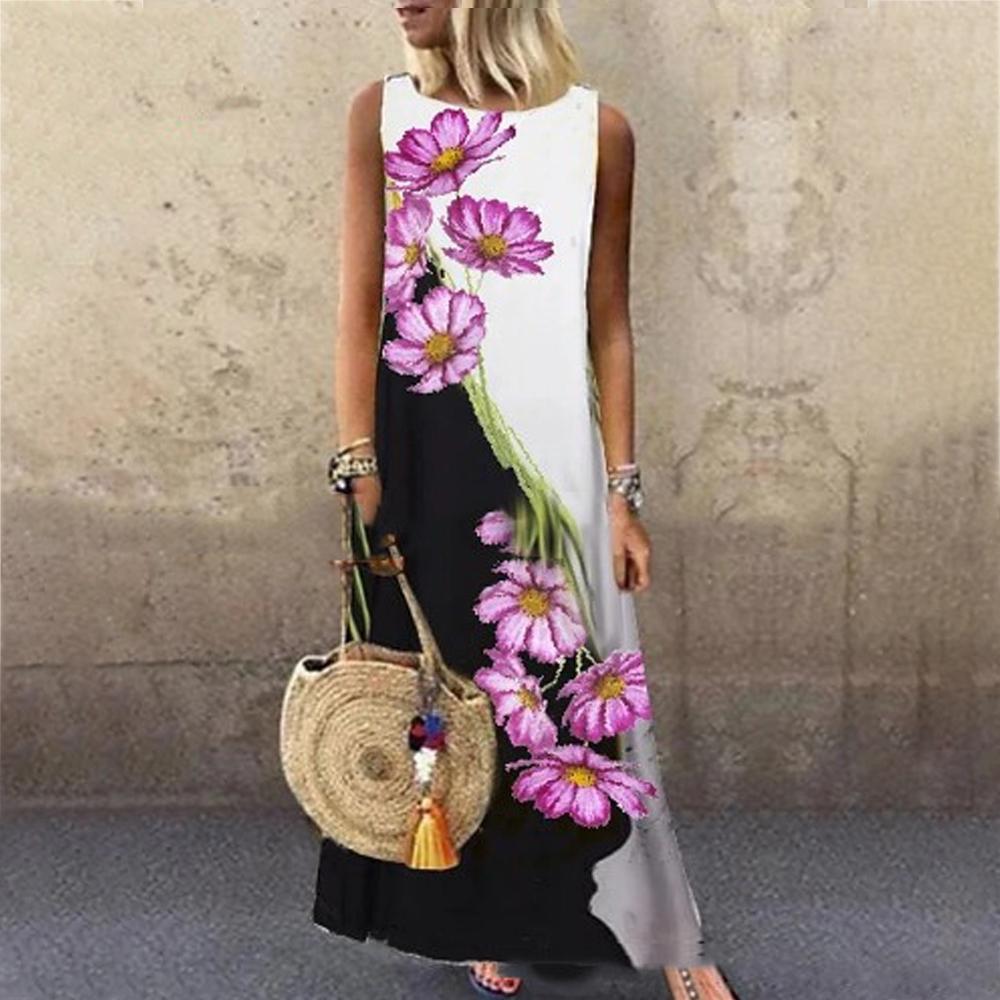 Floral & Butterfly Print Round Neck Sleeveless Maxi Dress
