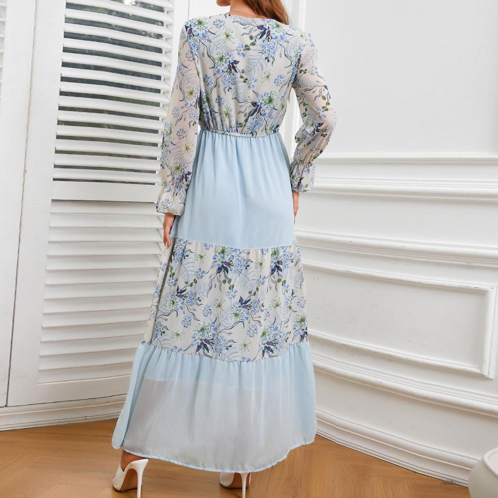 Square Neck Floral Print Lace up Front Flounce Sleeve Patchwork Maxi Dress