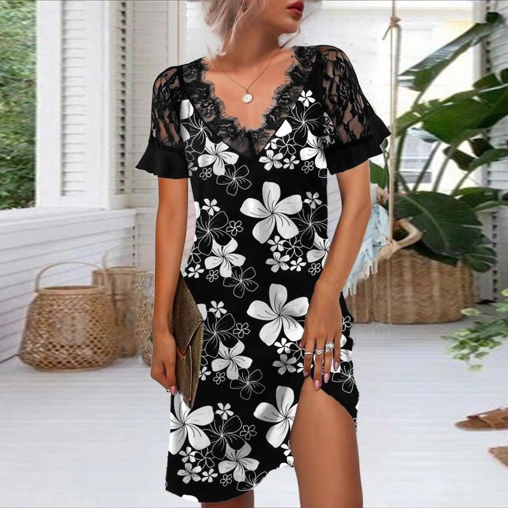 Black V Neck Floral Print Contrast Lace Short Sleeve Dress