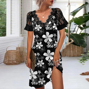 Black V Neck Floral Print Contrast Lace Short Sleeve Dress